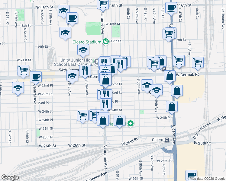 map of restaurants, bars, coffee shops, grocery stores, and more near 5127 West 22nd Place in Cicero