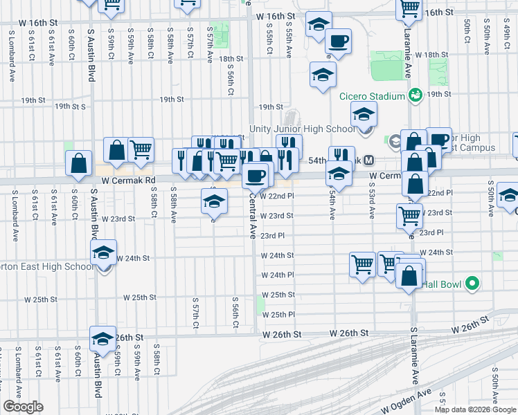 map of restaurants, bars, coffee shops, grocery stores, and more near 5535 West 22nd Place in Cicero