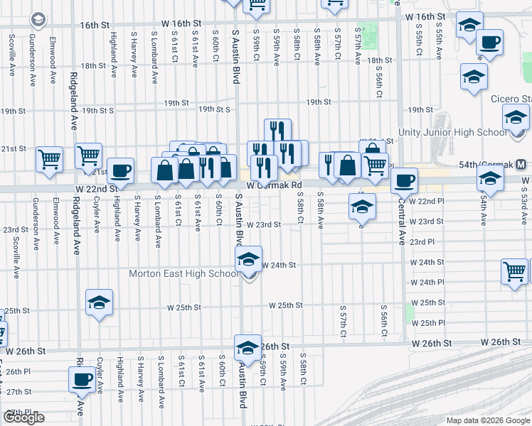 map of restaurants, bars, coffee shops, grocery stores, and more near 2216 South 59th Court in Cicero