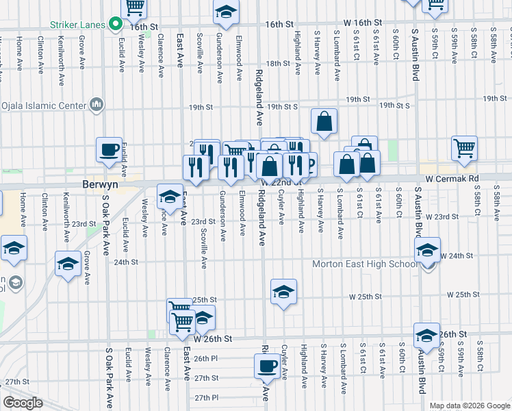map of restaurants, bars, coffee shops, grocery stores, and more near 2213 Elmwood Avenue in Berwyn