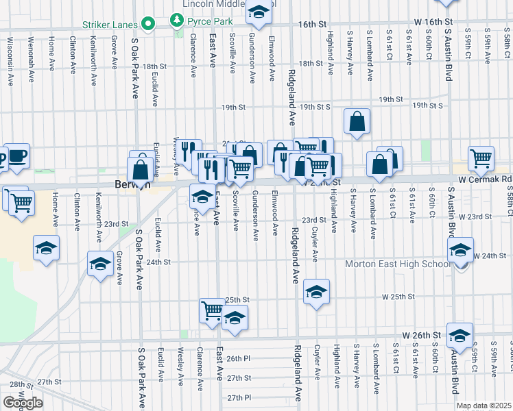 map of restaurants, bars, coffee shops, grocery stores, and more near 2214 Gunderson Avenue in Berwyn