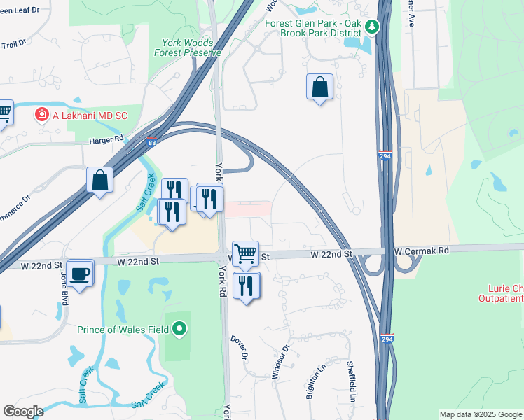 map of restaurants, bars, coffee shops, grocery stores, and more near 2011 York Road in Oak Brook