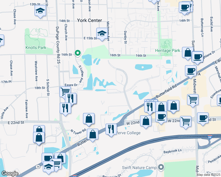 map of restaurants, bars, coffee shops, grocery stores, and more near Terrace Boulevard in Oakbrook Terrace
