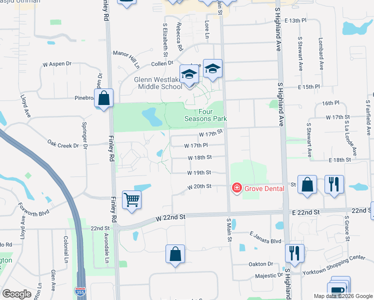 map of restaurants, bars, coffee shops, grocery stores, and more near 220 West 17th Place in Lombard