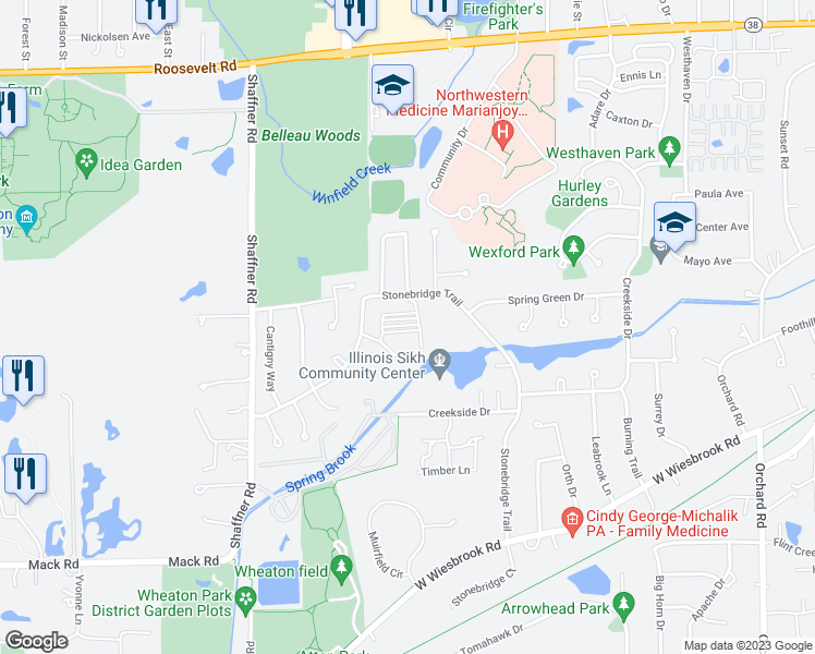 map of restaurants, bars, coffee shops, grocery stores, and more near 1460 Stonebridge Circle in Wheaton