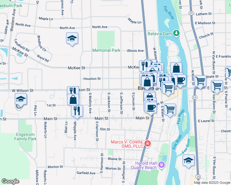 map of restaurants, bars, coffee shops, grocery stores, and more near 523 West Wilson Street in Batavia