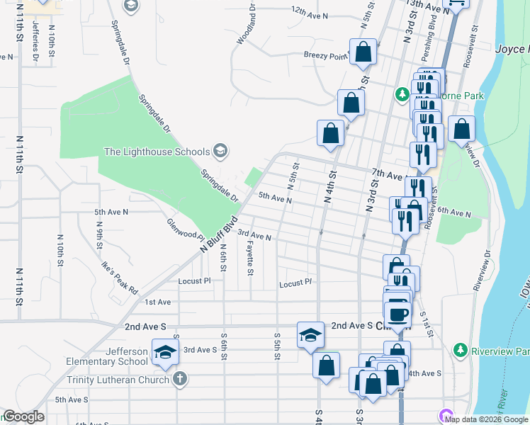 map of restaurants, bars, coffee shops, grocery stores, and more near 525 5th Avenue North in Clinton