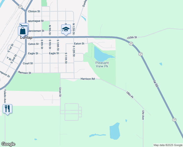 map of restaurants, bars, coffee shops, grocery stores, and more near 1403 Harrison Road in Dunlap