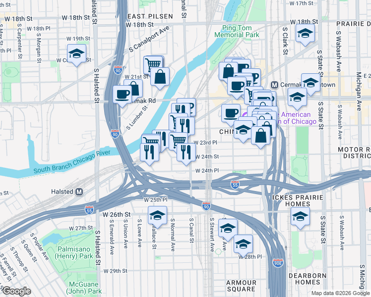 map of restaurants, bars, coffee shops, grocery stores, and more near 2338 South Canal Street in Chicago