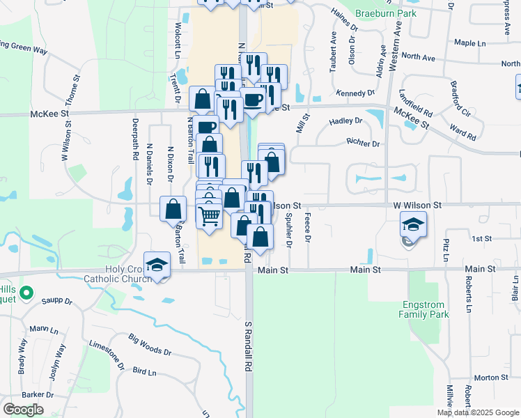 map of restaurants, bars, coffee shops, grocery stores, and more near 1905 West Wilson Street in Batavia