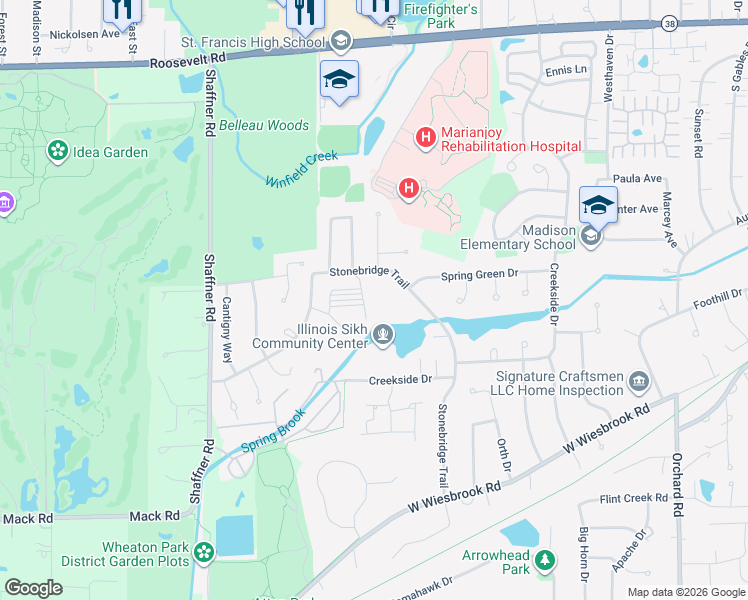 map of restaurants, bars, coffee shops, grocery stores, and more near 1460 Stonebridge Circle in Wheaton