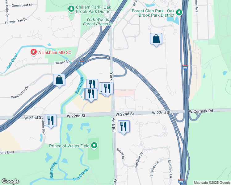 map of restaurants, bars, coffee shops, grocery stores, and more near 2011 York Road in Oak Brook