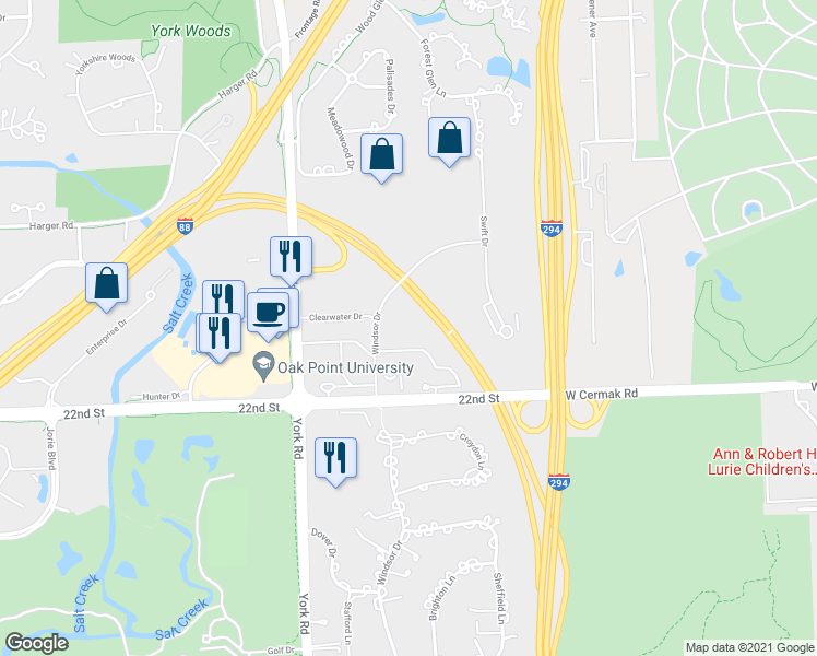 map of restaurants, bars, coffee shops, grocery stores, and more near 2025 Windsor Drive in Oak Brook