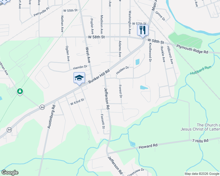 map of restaurants, bars, coffee shops, grocery stores, and more near 6202 Jefferson Road in Ashtabula