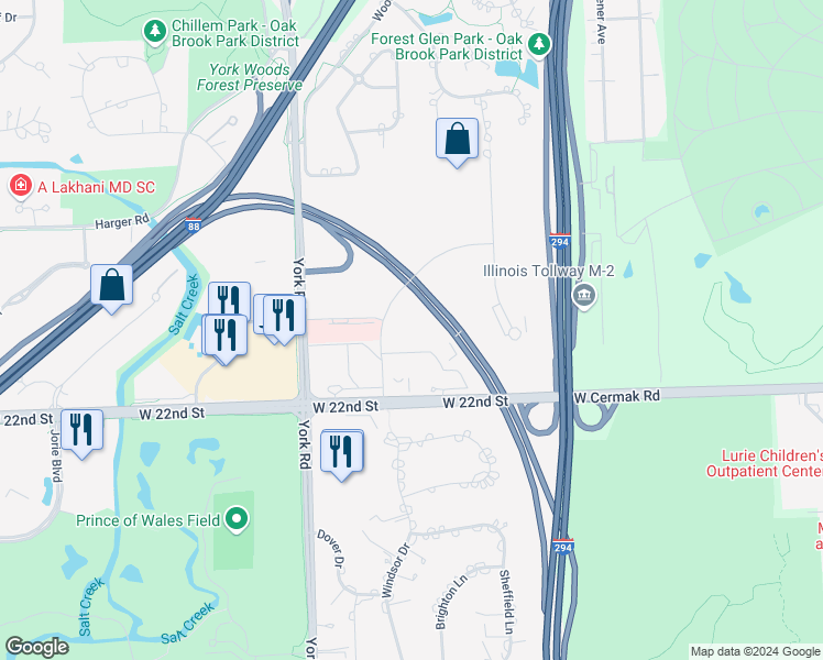 map of restaurants, bars, coffee shops, grocery stores, and more near 2025 Windsor Drive in Oak Brook