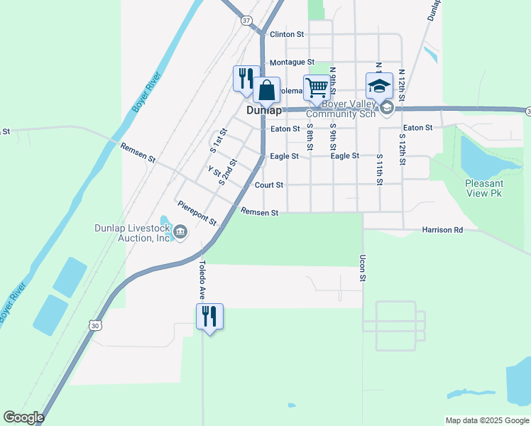 map of restaurants, bars, coffee shops, grocery stores, and more near 607 Remsen Street in Dunlap