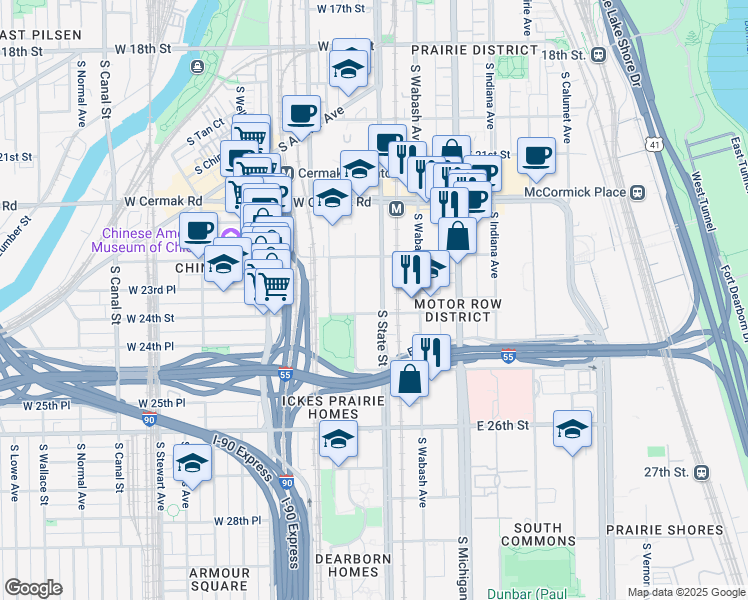 map of restaurants, bars, coffee shops, grocery stores, and more near 2344 South State Street in Chicago