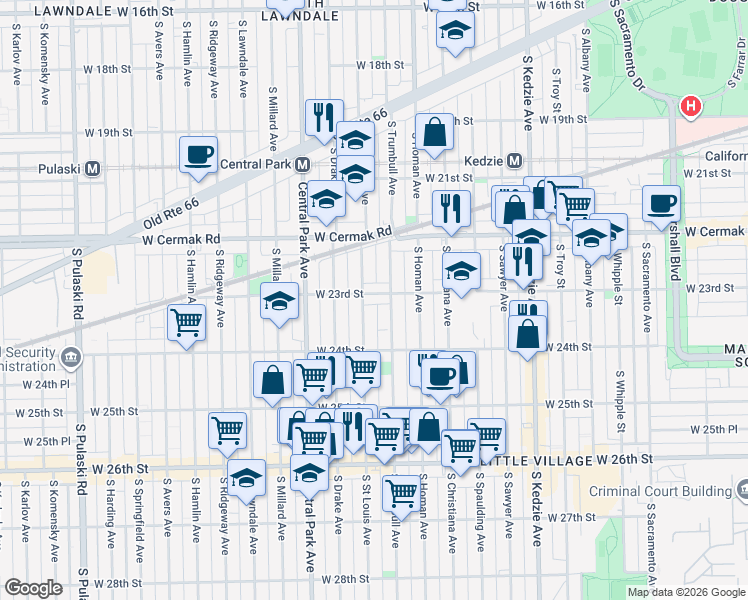 map of restaurants, bars, coffee shops, grocery stores, and more near 3449 West 23rd Street in Chicago
