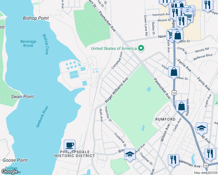 map of restaurants, bars, coffee shops, grocery stores, and more near 27 Island Avenue in East Providence