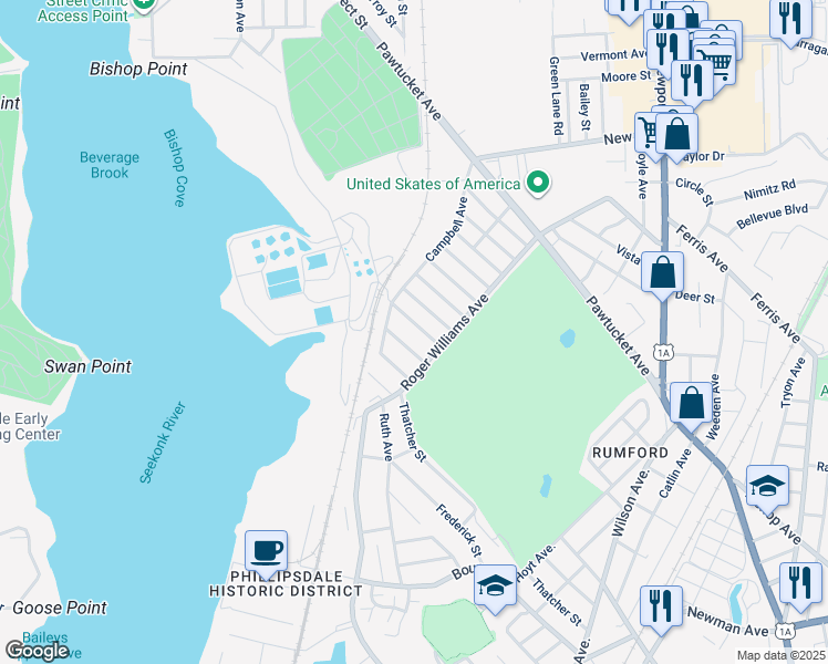 map of restaurants, bars, coffee shops, grocery stores, and more near 27 Island Avenue in East Providence