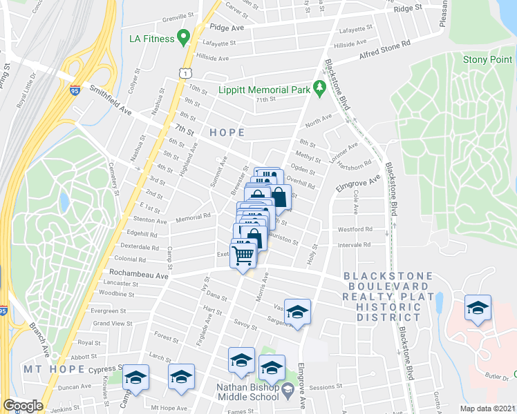 map of restaurants, bars, coffee shops, grocery stores, and more near 165 5th Street in Providence