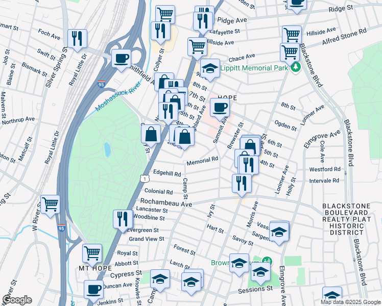 map of restaurants, bars, coffee shops, grocery stores, and more near 65 3rd Street in Providence