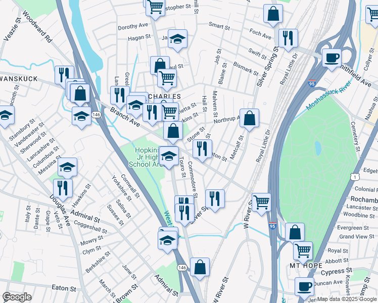 map of restaurants, bars, coffee shops, grocery stores, and more near 15 Eureka Street in Providence