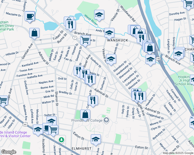 map of restaurants, bars, coffee shops, grocery stores, and more near 160 Devonshire Street in Providence