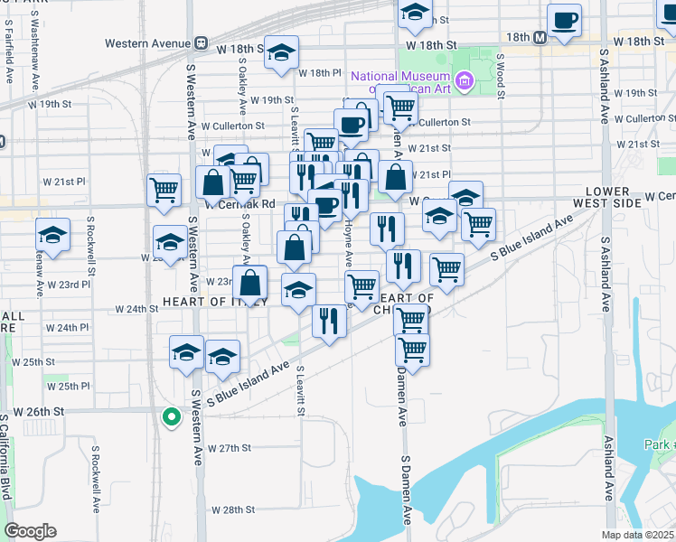 map of restaurants, bars, coffee shops, grocery stores, and more near 2133 West 23rd Street in Chicago