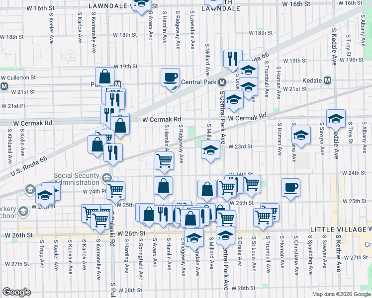 map of restaurants, bars, coffee shops, grocery stores, and more near 2280 South Lawndale Avenue in Chicago