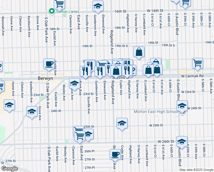 map of restaurants, bars, coffee shops, grocery stores, and more near 2213 Elmwood Avenue in Berwyn