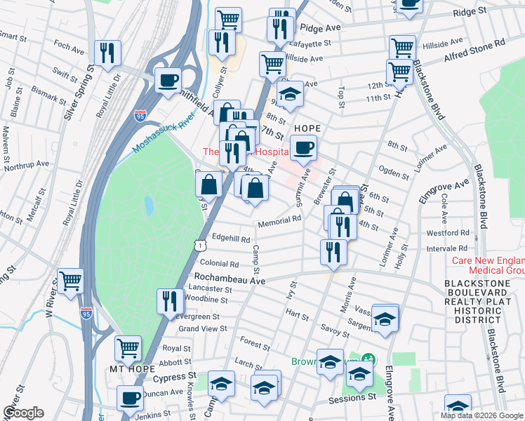 map of restaurants, bars, coffee shops, grocery stores, and more near 101 Highland Avenue in Providence