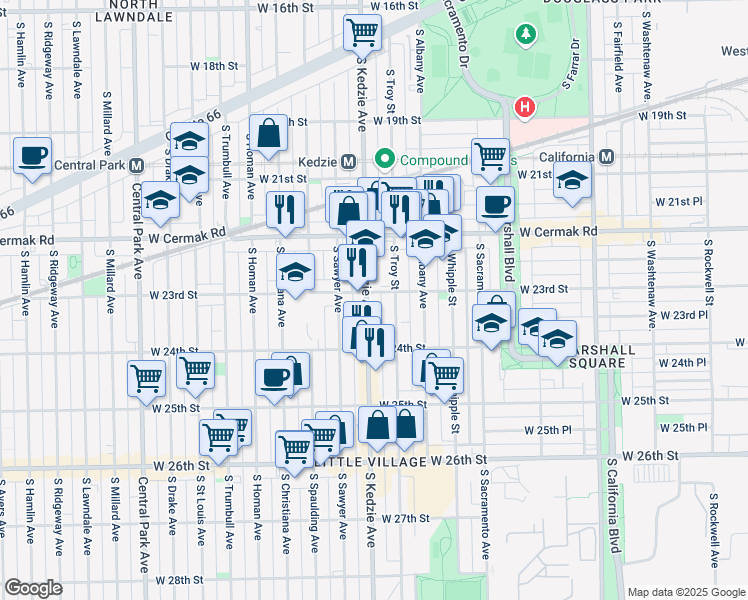 map of restaurants, bars, coffee shops, grocery stores, and more near 2311 South Kedzie Avenue in Chicago