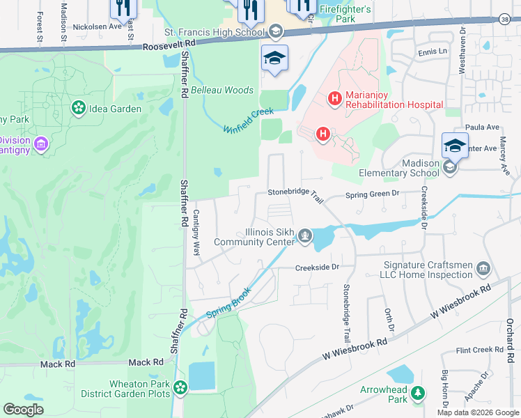 map of restaurants, bars, coffee shops, grocery stores, and more near 24 South County Farm Road in Wheaton