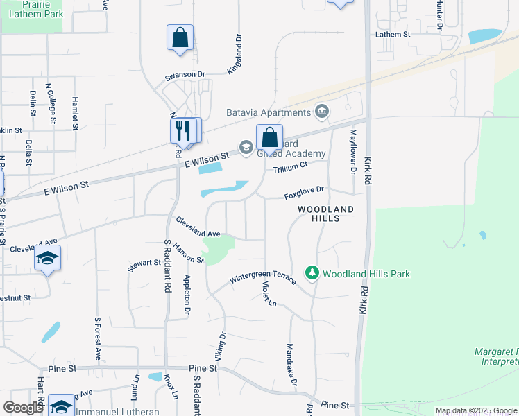 map of restaurants, bars, coffee shops, grocery stores, and more near 201 Violet Lane in Batavia
