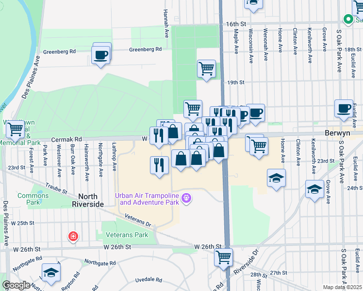map of restaurants, bars, coffee shops, grocery stores, and more near Federal Dr in North Riverside