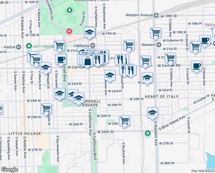 map of restaurants, bars, coffee shops, grocery stores, and more near 2651 West 23rd Street in Chicago