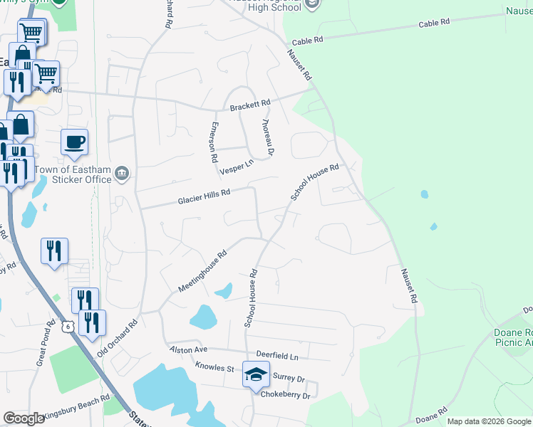 map of restaurants, bars, coffee shops, grocery stores, and more near 825 School House Road in Eastham
