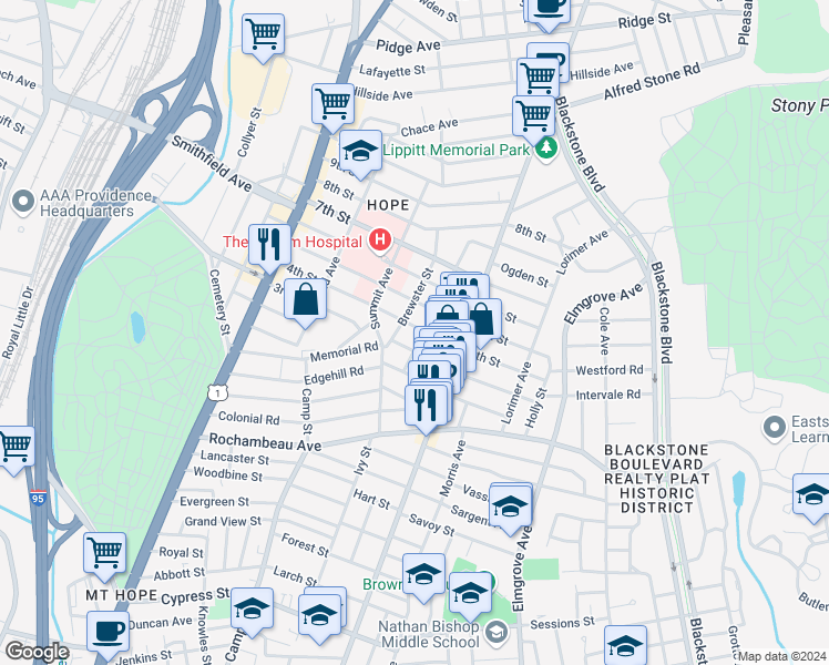 map of restaurants, bars, coffee shops, grocery stores, and more near 147 4th Street in Providence