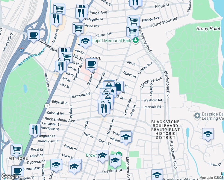 map of restaurants, bars, coffee shops, grocery stores, and more near 828 Hope Street in Providence