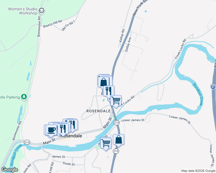 map of restaurants, bars, coffee shops, grocery stores, and more near 1167 New York 32 in Rosendale