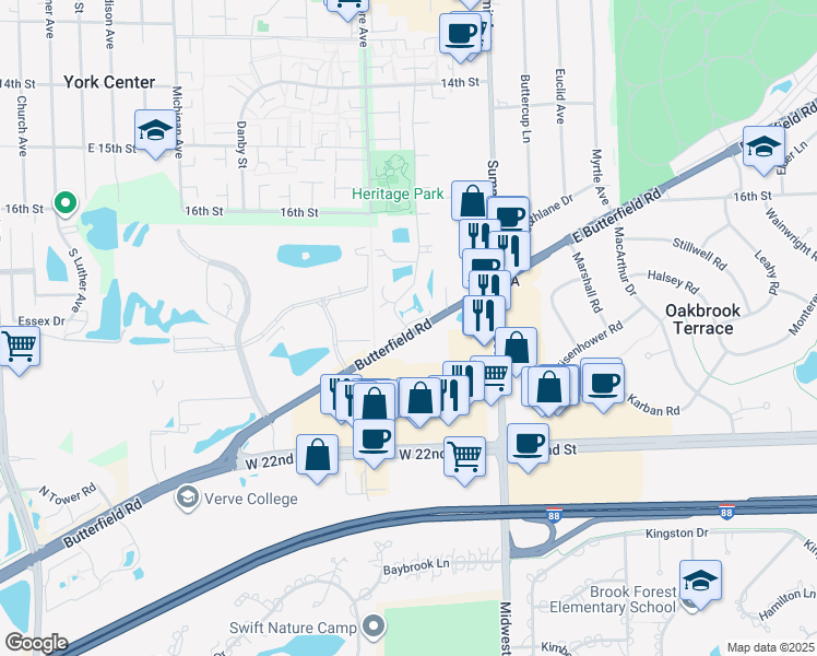 map of restaurants, bars, coffee shops, grocery stores, and more near 17W730 Butterfield Road in Oakbrook Terrace