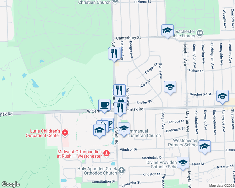 map of restaurants, bars, coffee shops, grocery stores, and more near 2099 South Wolf Road in Hillside