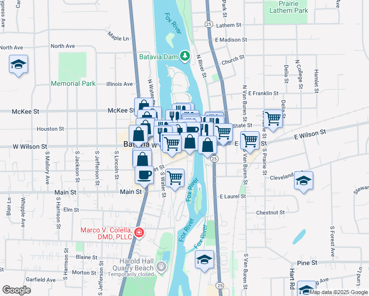map of restaurants, bars, coffee shops, grocery stores, and more near 12w West Wilson Street in Batavia