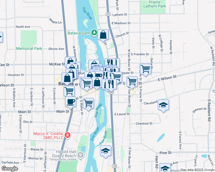 map of restaurants, bars, coffee shops, grocery stores, and more near 8 East Wilson Street in Batavia