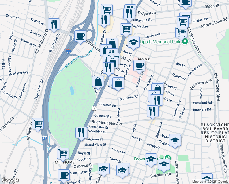 map of restaurants, bars, coffee shops, grocery stores, and more near 43 2nd Street in Providence