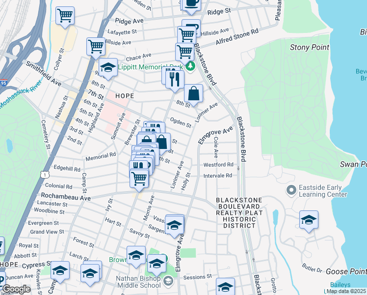 map of restaurants, bars, coffee shops, grocery stores, and more near 233 6th Street in Providence