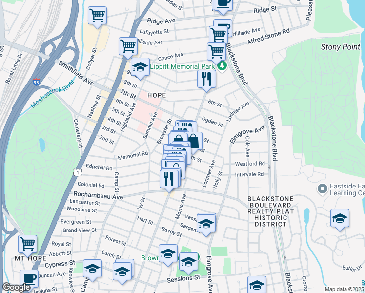 map of restaurants, bars, coffee shops, grocery stores, and more near 165 5th Street in Providence
