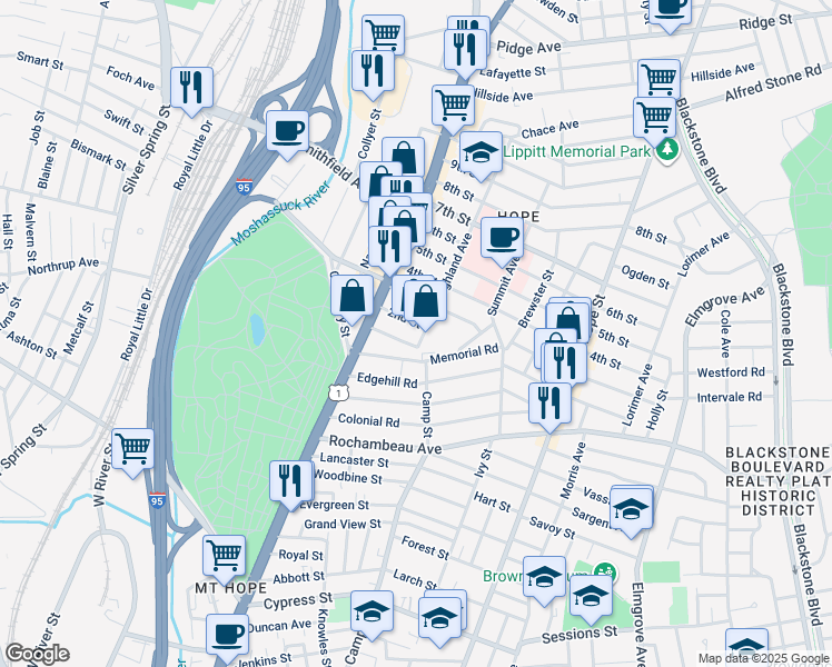 map of restaurants, bars, coffee shops, grocery stores, and more near 43 2nd Street in Providence
