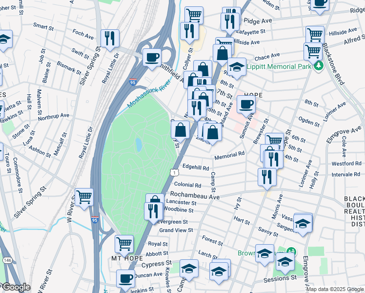 map of restaurants, bars, coffee shops, grocery stores, and more near 1070 U.S. 1 in Providence